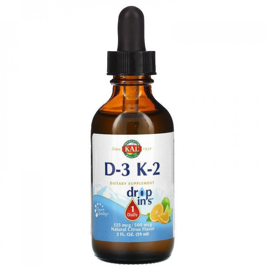 Витамины Д3 и К2 в каплях KAL "D-3 K-2" цитрусовый вкус, 5000 МЕ / 500 мкг, 59 мл