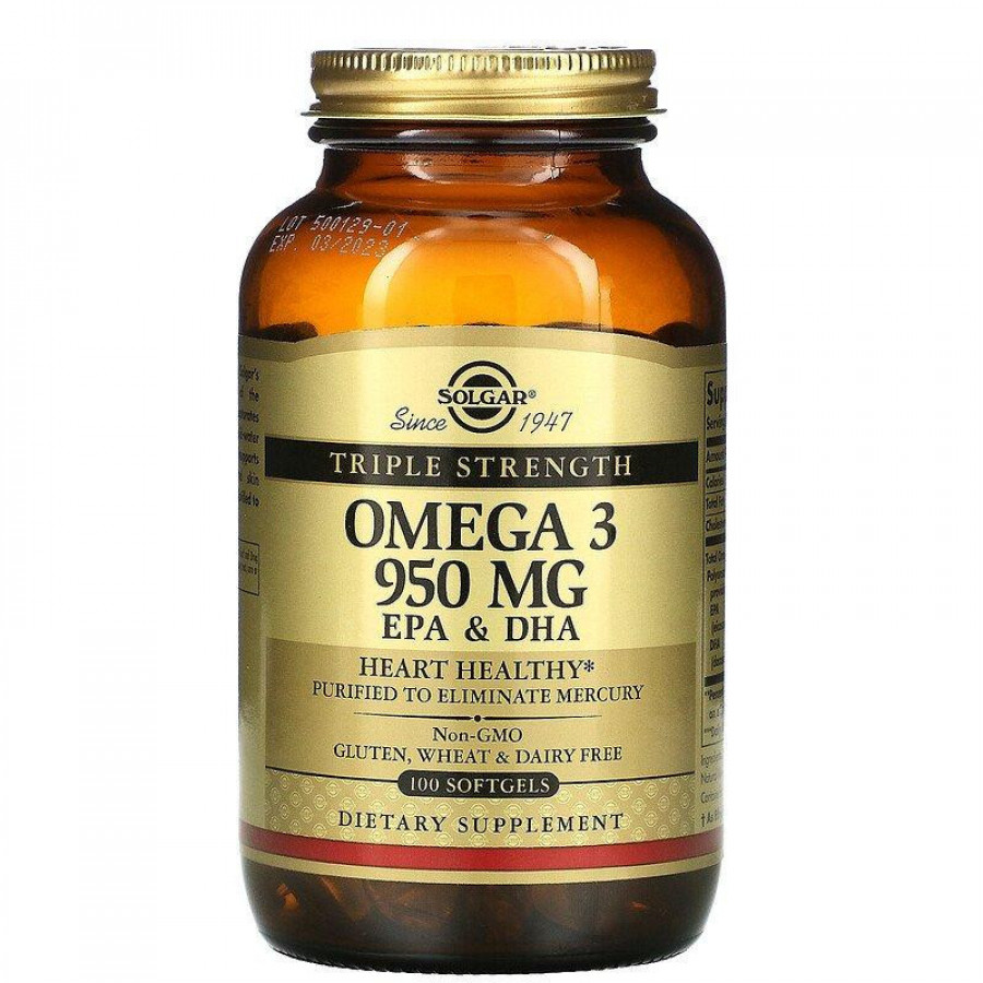 Омега-3, ЭПК и ДГК, тройной концентрации, Solgar, 950 мг, 100 капсул