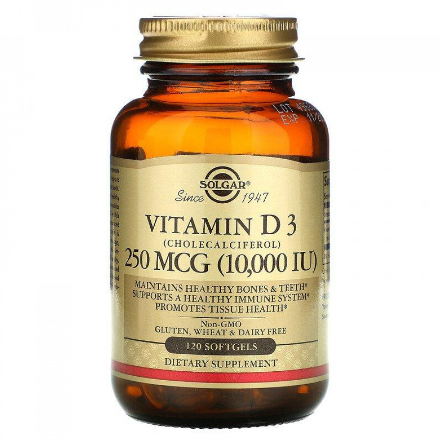 Витамин Д3, холекальциферол "Vitamin D3" Solgar, 10 000 МЕ (250 мкг), 120 капсул