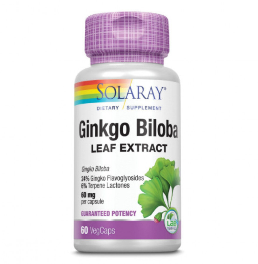 Экстракт листьев гинкго билоба "Ginkgo Biloba Leaf Extract" Solaray, 60 мг, 60 капсул