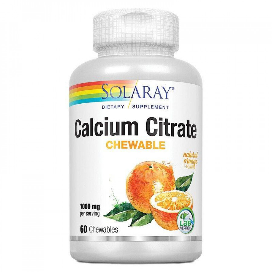 Цитрат кальция "Calcium Citrate Chewable" 1000 мг, Solaray, со вкусом апельсина, 60 жевательных таблеток