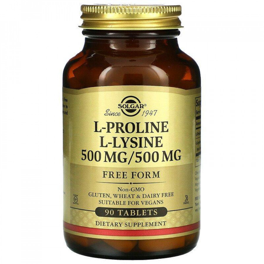 L-пролин и L-лизин "L-Proline L-Lysine" Solgar, 500 мг/500 мг, 90 таблеток