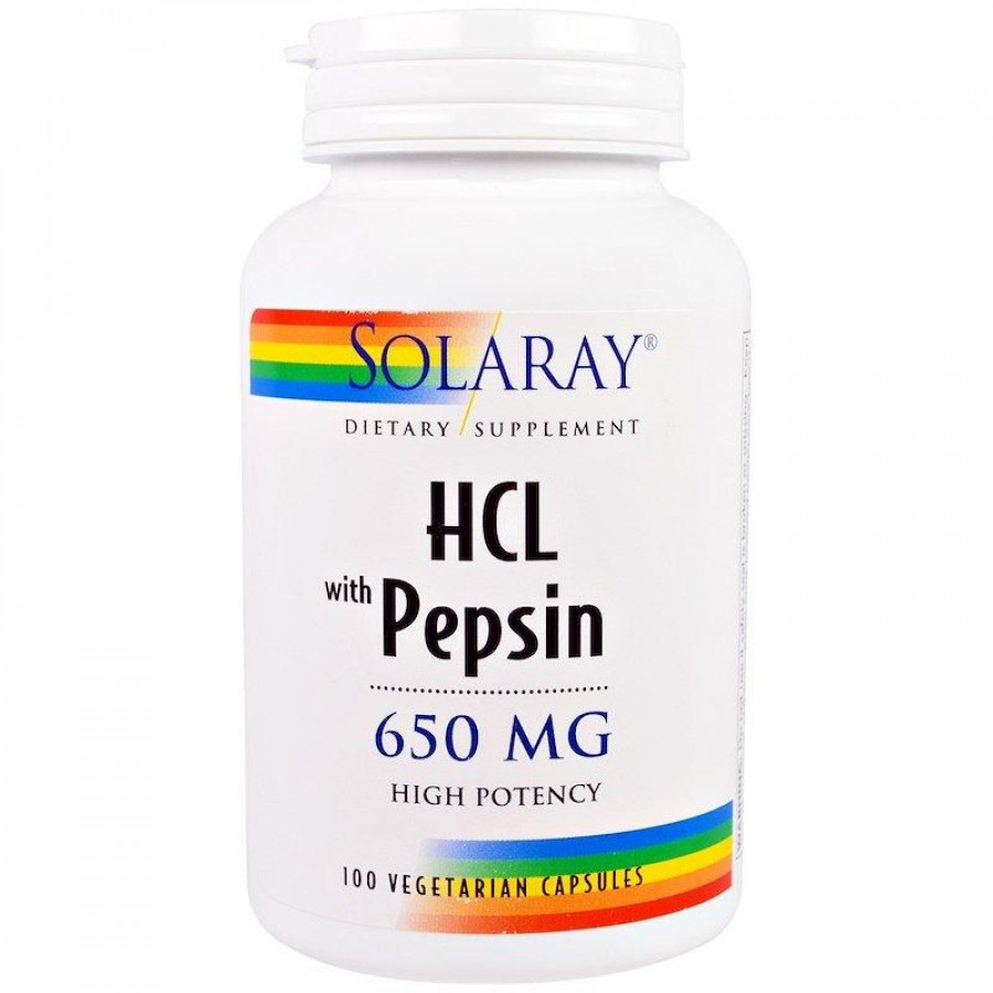 Бетаин с пепсином "HCL with Pepsin" 650 мг, Solaray, 100 капсул