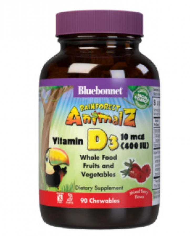 Витамин D3 для детей "Vitamin D3" Bluebonnet Nutrition, 400 МЕ, микс ягод, 90 жевательных таблеток