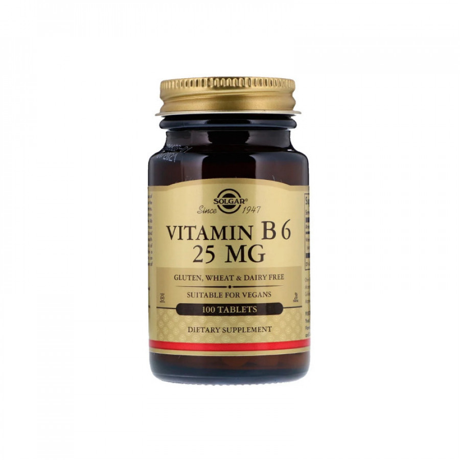 Витамин B6, пиридоксин "Vitamin B6" 25 мг, Solgar, 100 таблеток