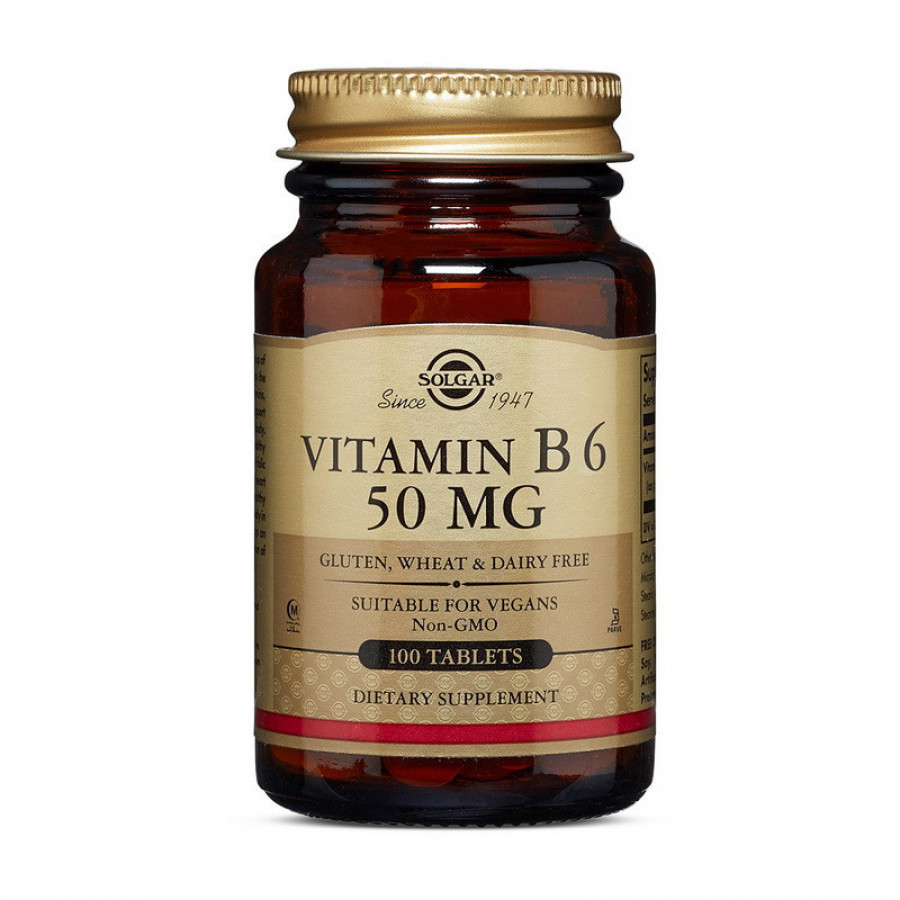 Витамин B6, пиридоксин "Vitamin B6" 50 мг, Solgar, 100 таблеток