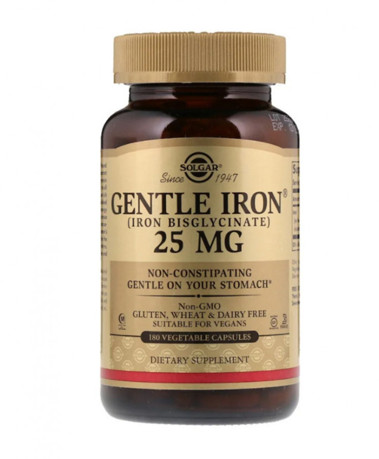 Железо, Gentle Iron, 25 мг, Solgar, 180 капсул