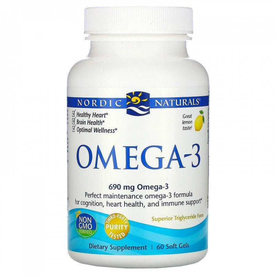 Омега-3 "Omega-3" 690 мг, со вкусом лимона, Nordic Naturals, 60 капсул