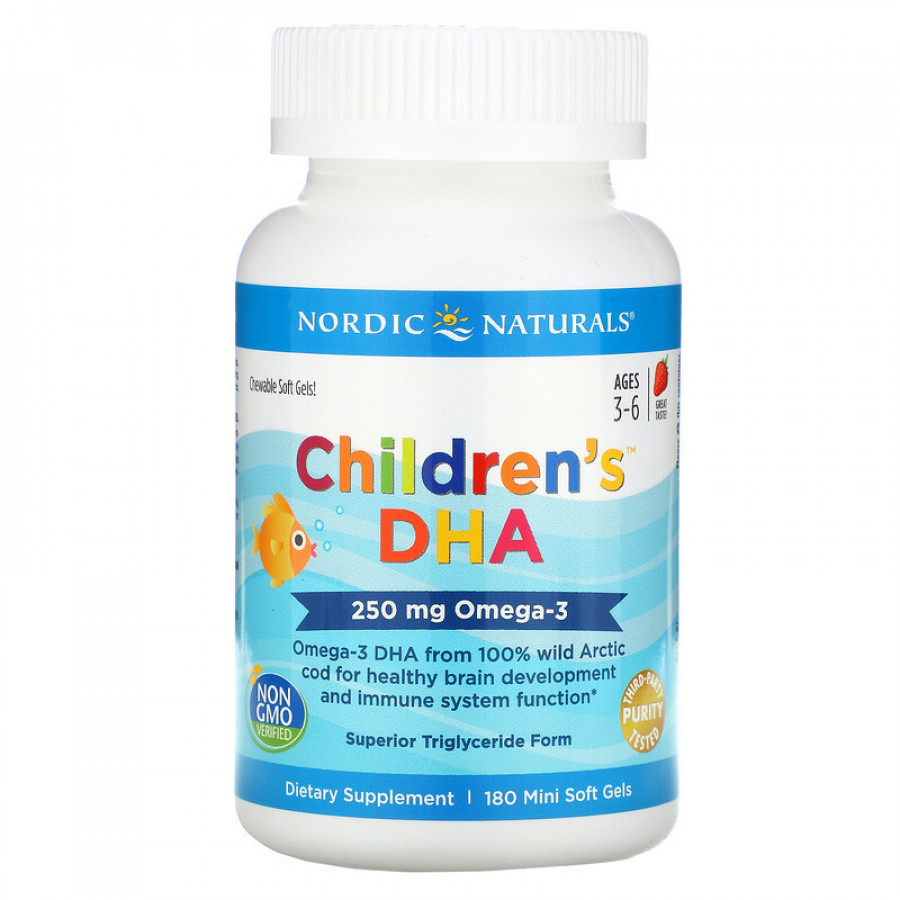ДГК для детей "Children`s DHA" со вкусом клубники, 250 мг, Nordic Naturals, 180 жевательных мини-капсул