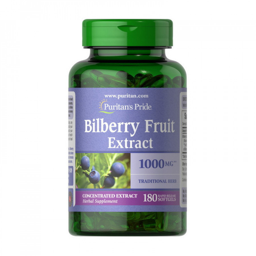 Экстракт черники "Bilberry Fruit Extract" Puritan's Pride, 1000 мг, 180 желатиновых капсул