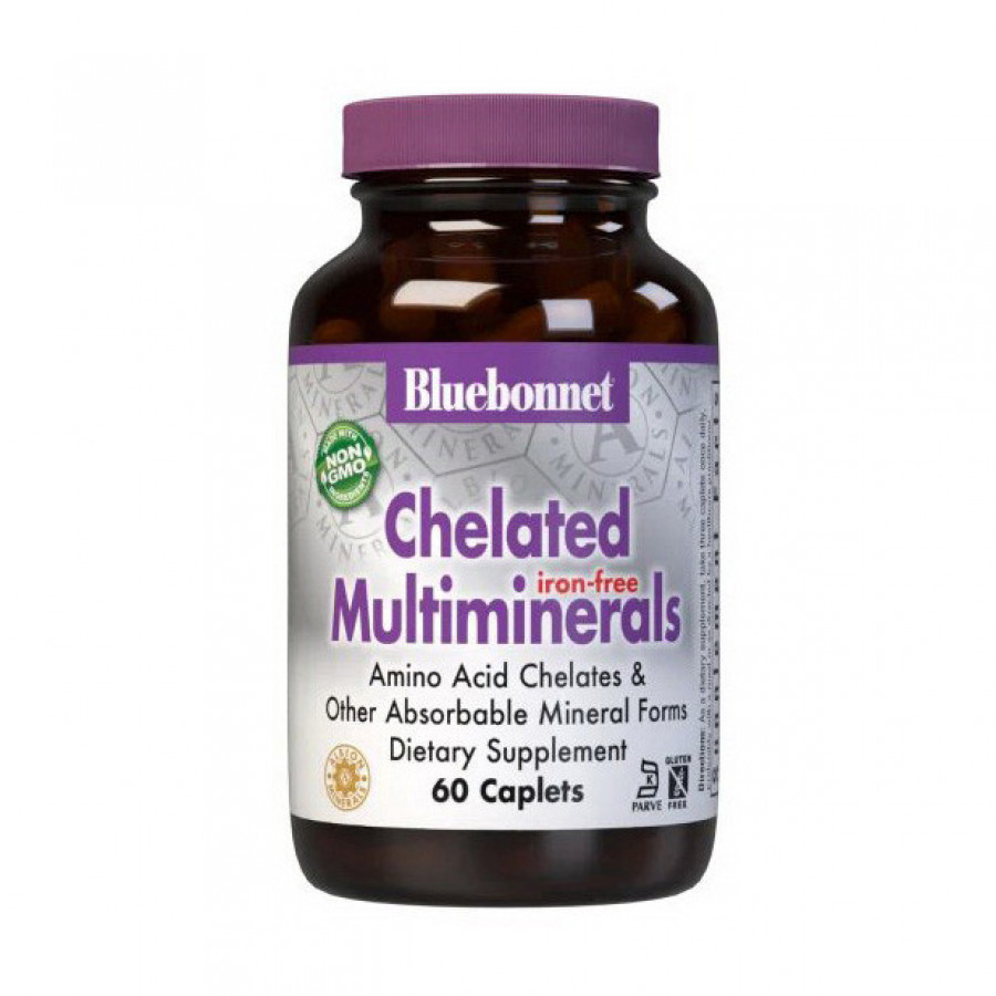 Мультиминералы без железа "Chelated Multiminerals iron-free" Bluebonnet Nutrition, 60 каплетов