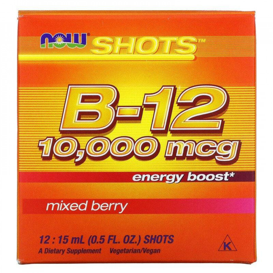Витамин B12 "B-12" Now Foods, 10 000 мкг, вкус ягод, 12 шотов по 15 мл