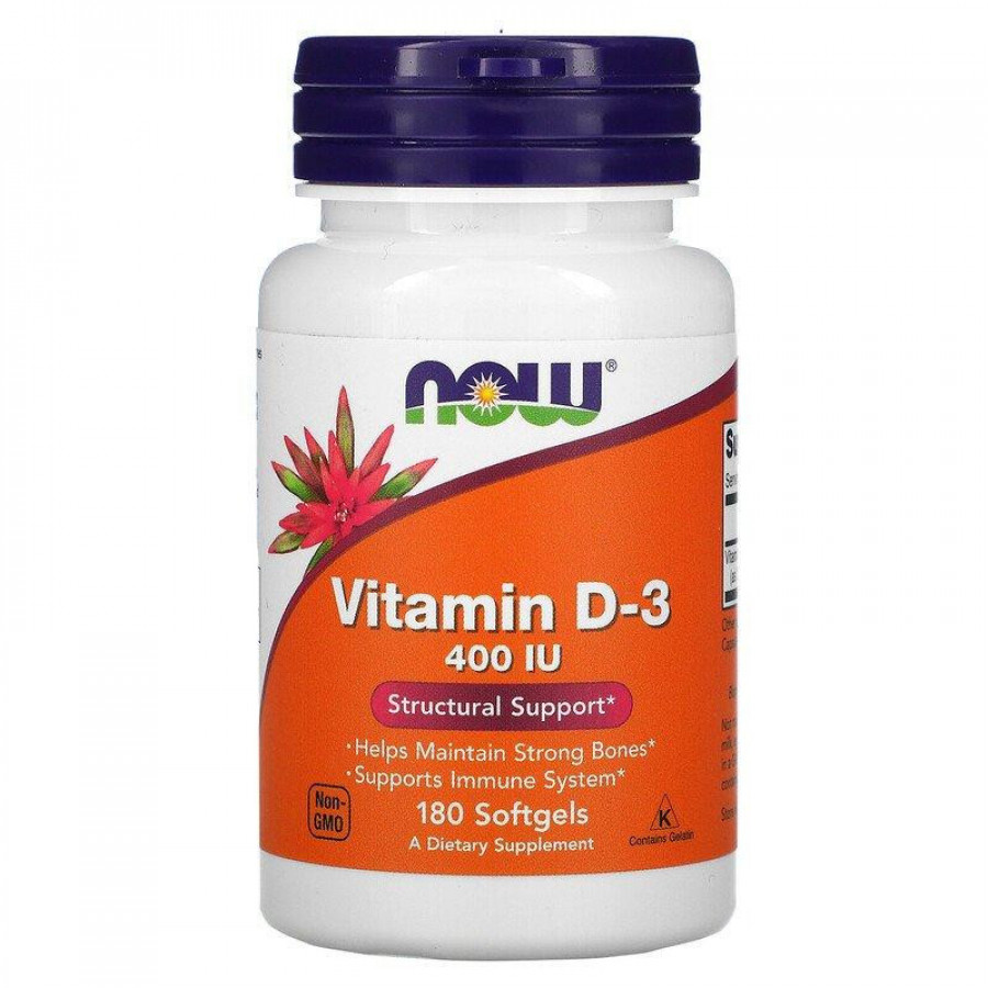 Витамин D-3, структурная поддержка "Vitamin D-3"  Now Foods, 400 МЕ, 180 мягких таблеток
