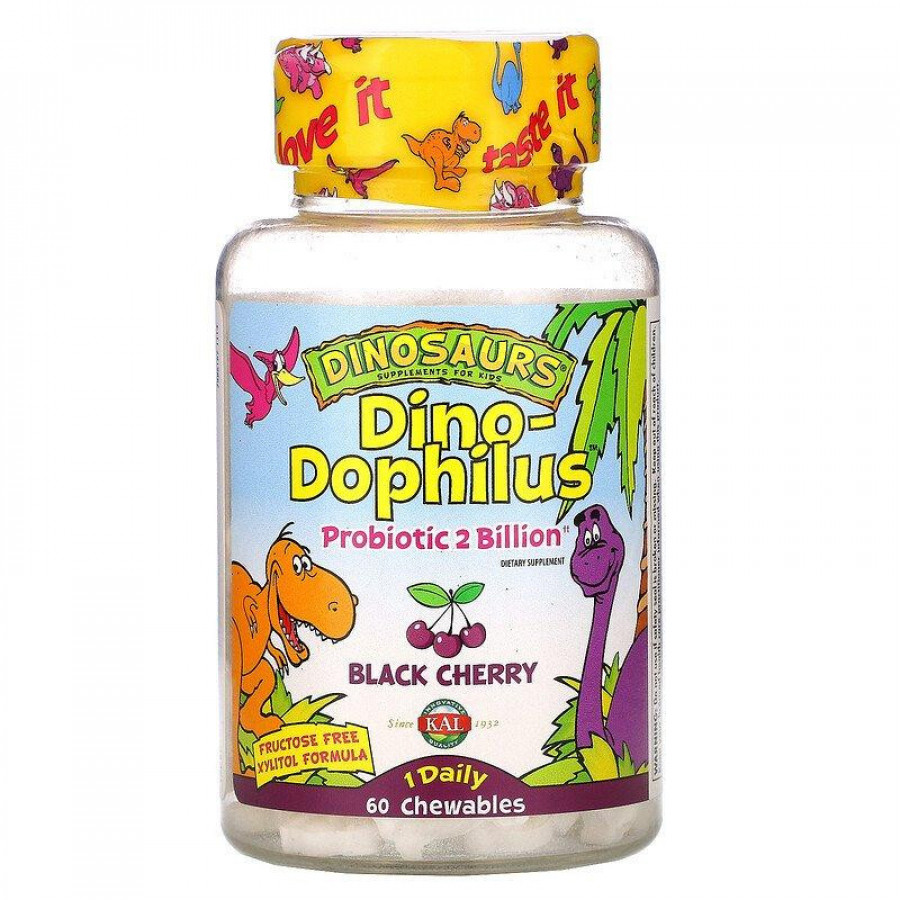 Пробиотики для детей "Dino-Dophilus Probiotic 2 Billion" со вкусом вишни, KAL, 60 жевательных таблеток