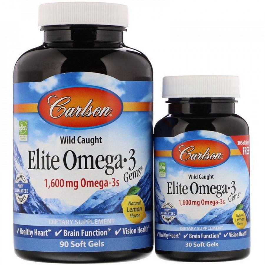 Элитная Omega-3, со вкусом лимона, 1600 мг, Carlson Labs, 90+30 капсул