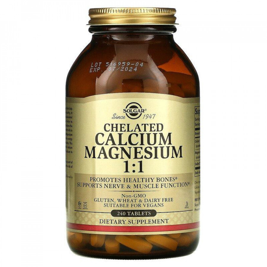 Хелатный кальций и магний 1:1 "Chelated Calcium Magnesium 1:1" Solgar, 240 таблеток