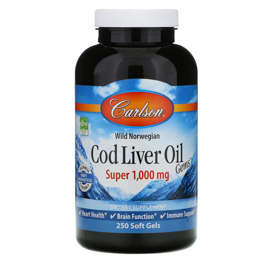 Рыбий жир с витамином А и D3 "Cod Liver Oil Super With D3 wild norwegian" 1000 мг, Carlson Labs, 250 капсул