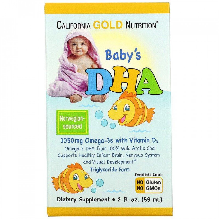Детская Омега-3, 1050 мг, California Gold Nutrition "Baby`s DHA" с витамином Д3, 59 мл