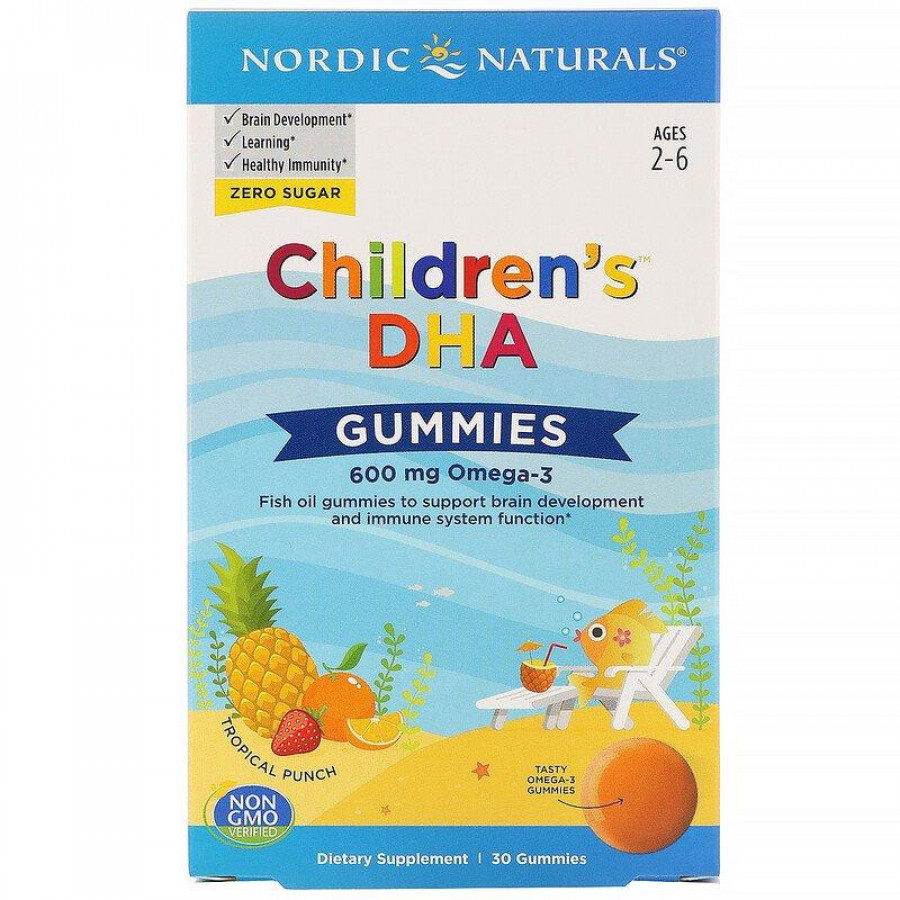 ДГК для детей "Children`s DHA" тропические фрукты, 600 мг, Nordic Naturals, 30 жевательных таблеток