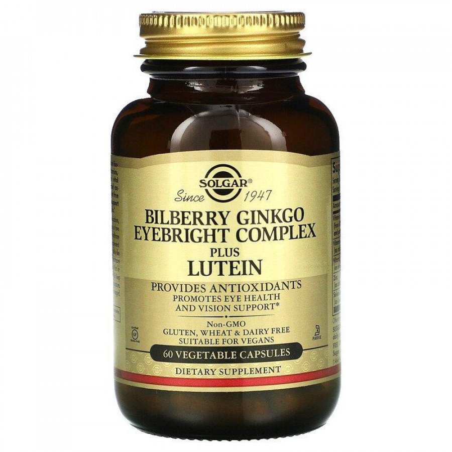 Растительный комплекс для здоровья глаз "Bilberry Ginkgo Eyebright Complex plus Lutein" Solgar, 60 капсул