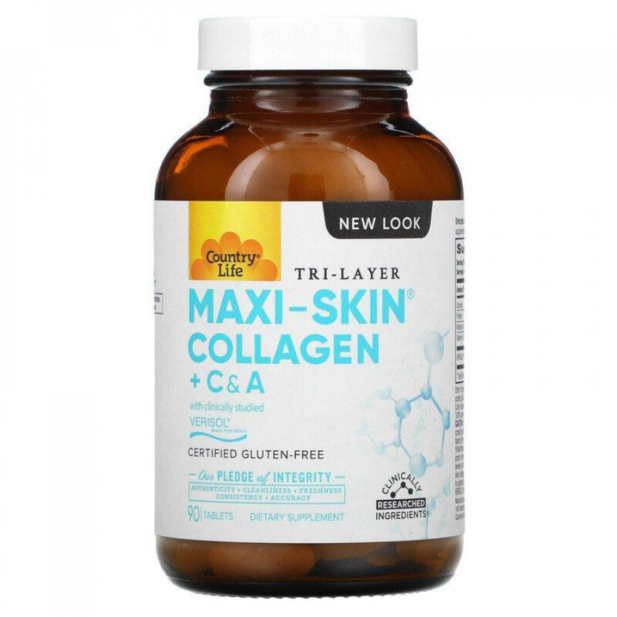 Коллаген с витаминами А и С "Maxi-Skin Collagen+C&A" Country Life, 90 таблеток