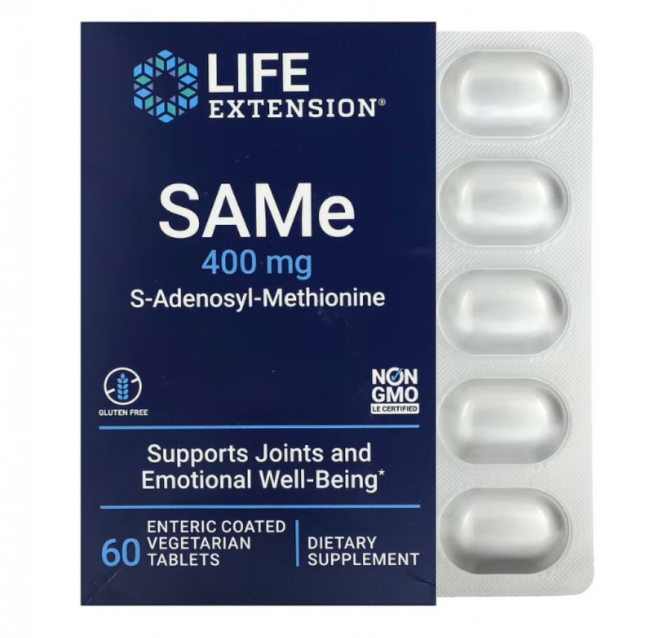 SAMe, S-аденозил-метионин, SAM-e, Life Extension, 400 мг, 60 таблеток