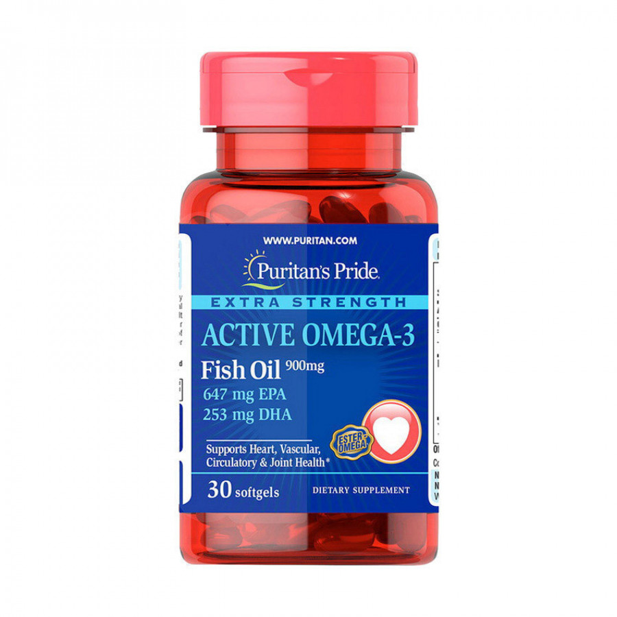Рыбий жир с омега-3 "Active Omega-3 Fish Oil extra strength" Puritan's Pride, 900 мг, 30 желатиновых капсул