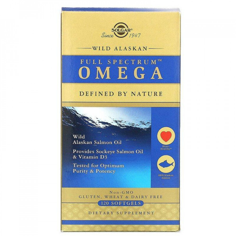 Омега-кислоты из жира дикого лосося "Full Spectrum Omega" 500 мг, Solgar, 120 капсул