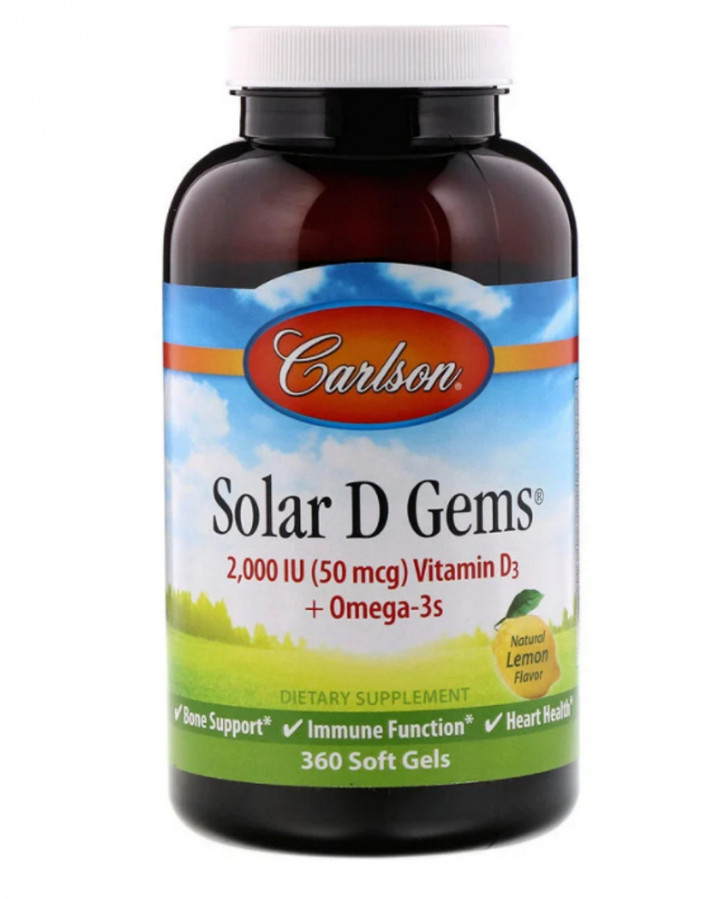 Solar D Gems, витамин D3 + омега-3 кислоты, лимон, 2000 МЕ, Carlson Labs, 360 капсул