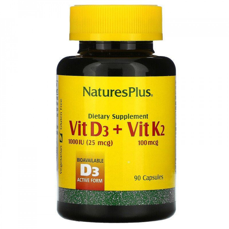 Витамин Д3 и К2 "Vit D3 + Vit K2" Nature's Plus, 90 капсул