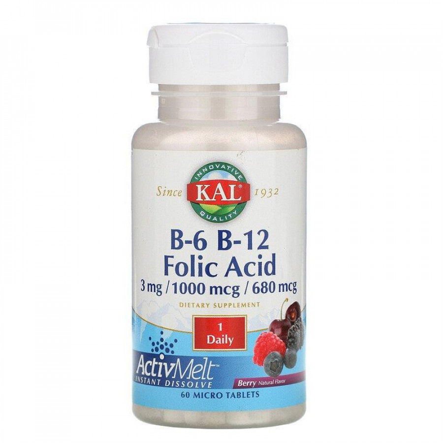 Комплекс витаминов В6, В9 и В12 "B-6 B-12 Folic Acid" KAL, вкус ягод, 60 минитаблеток