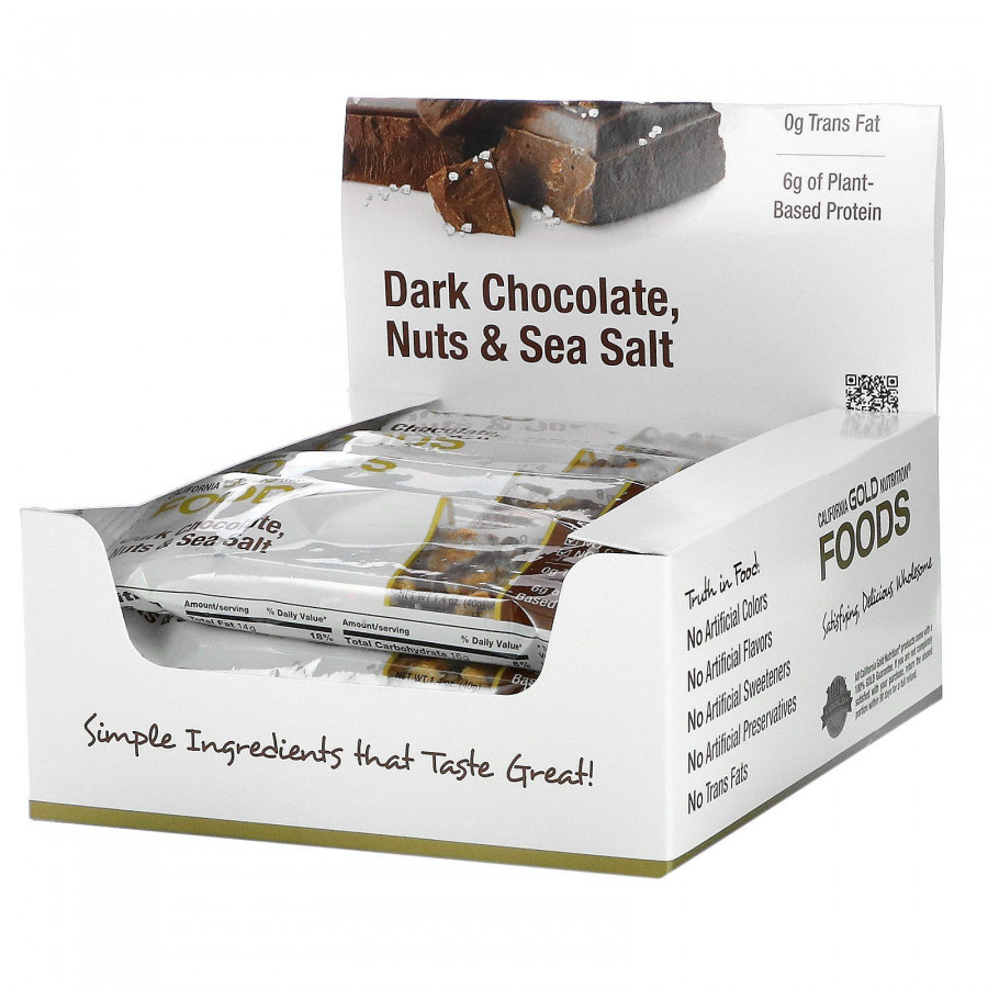 Батончики с темным шоколадом арахисом и морской солью California Gold Nutrition (Foods Dark Chocolate Nuts & Sea Salt Bars) 12 батончиков по 40 г каждый