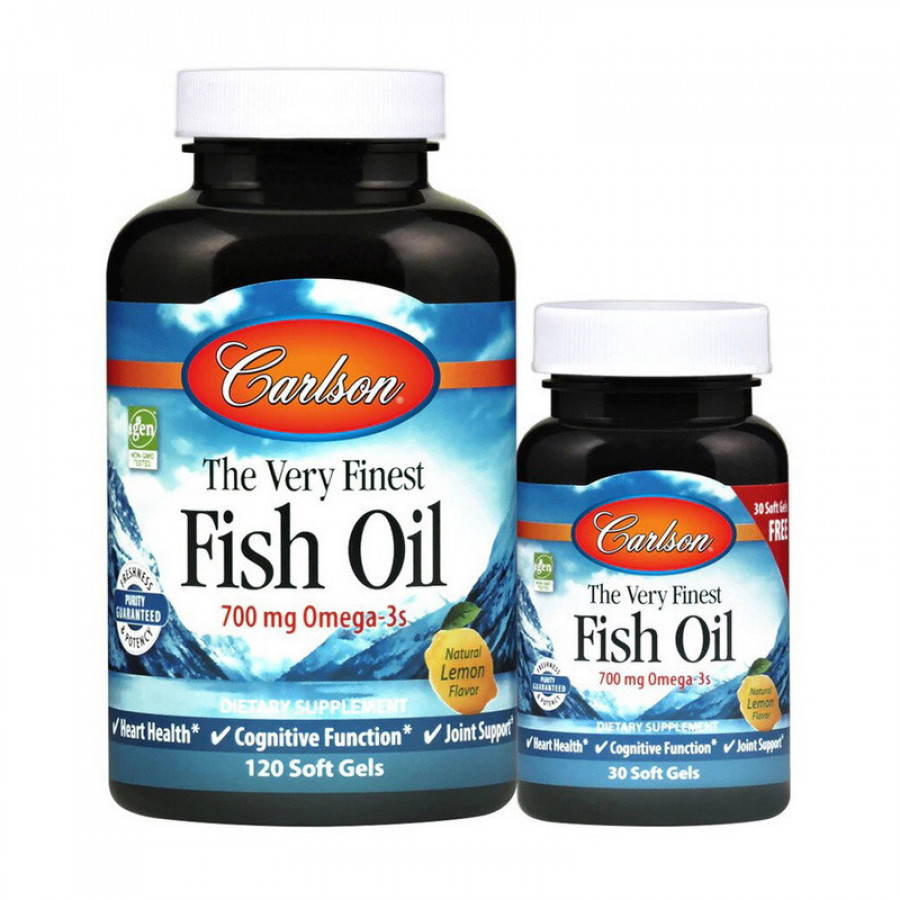 Рыбий жир, The Very Finest Fish Oil, со вкусом лимона, 700 мг, Carlson Labs, 120+30 капсул