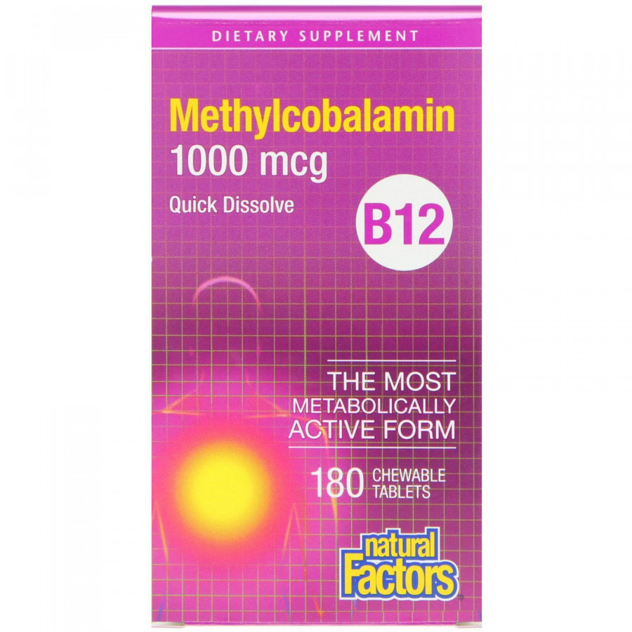 B12 метилкобаламин, Natural Factors, 1000 мкг, 180 жевательных таблеток