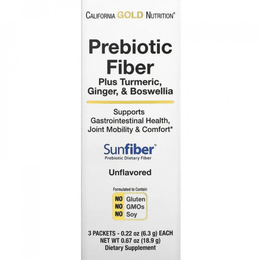 Пребиотическая клетчатка плюс куркума имбирь и босвелия California Gold Nutrition (Prebiotic Fiber Plus Turmeric Ginger & Boswellia) 3 пакетика по 6,3 г