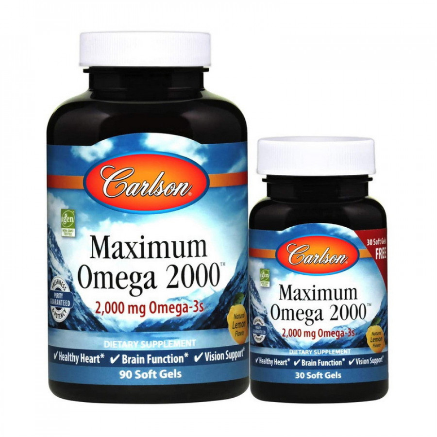 Максимум Omega-3s "Maximum Omega-3s" Carlson Labs, 200 мг, вкус лимона, 90+30 капсул