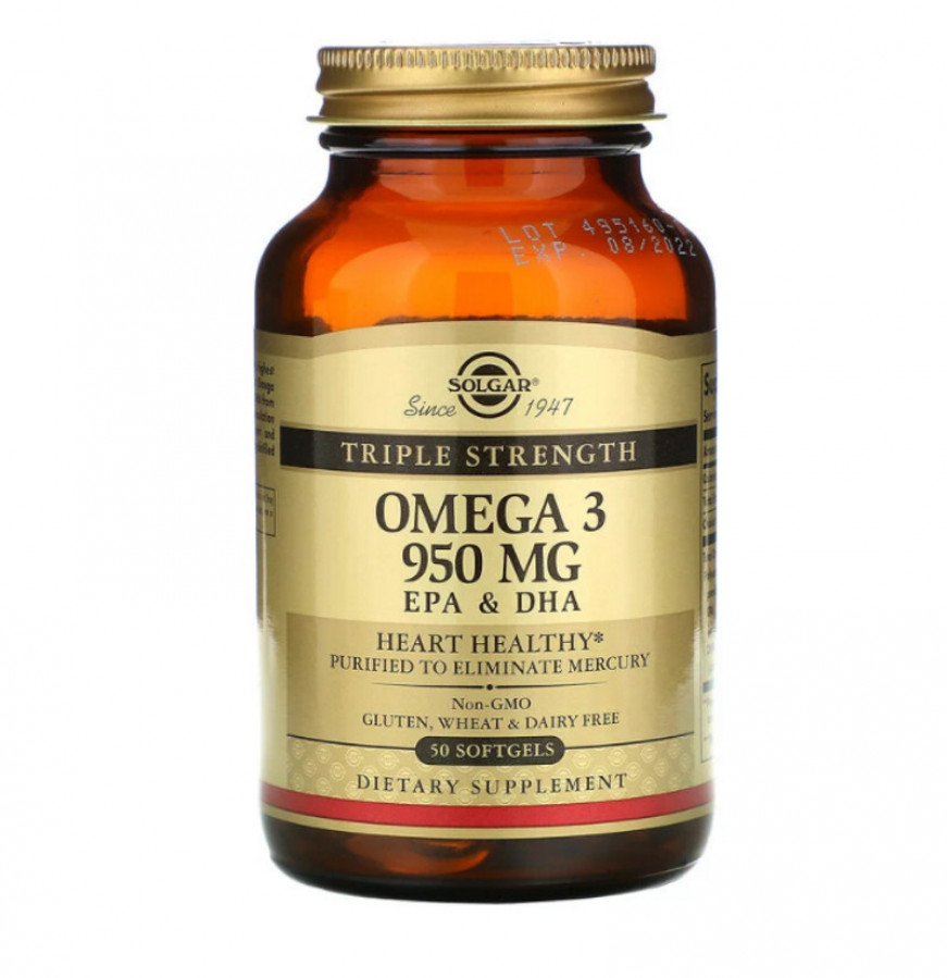 Омега-3, ЭПК и ДГК, тройной концентрации, 950 мг, Solgar, 50 капсул