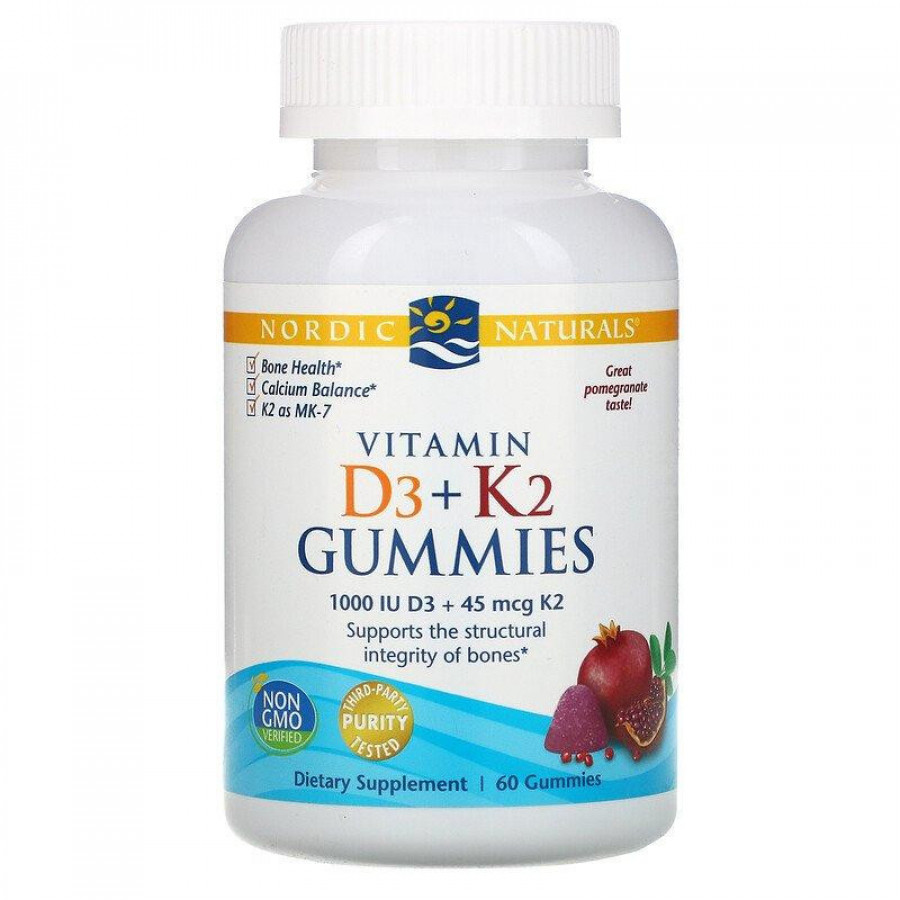 Витамин D3+K2 "Vitamin D3 + K2 Gummies" 1000МЕ/45 мкг, гранат, Nordic Naturals, 60 жевательных конфет