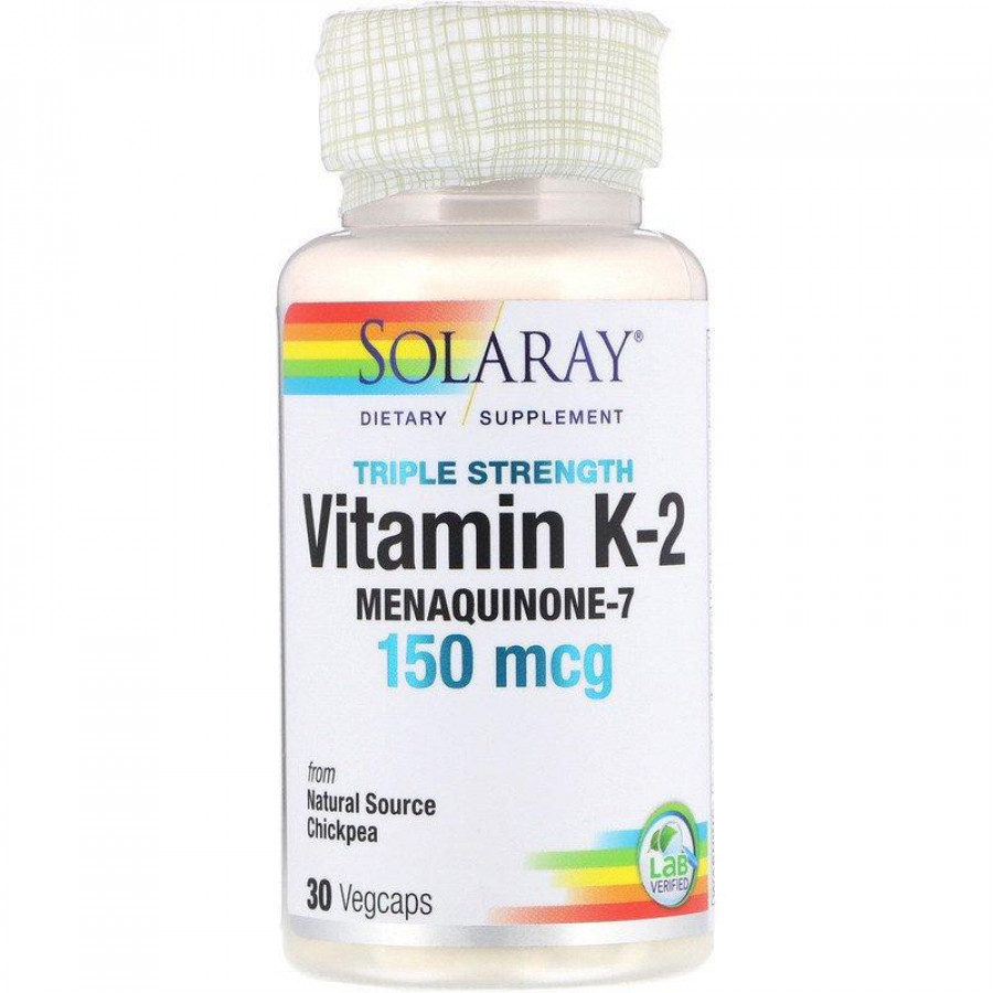 Витамин К-2, менахинон-7 тройной силы "Vitamin K-2 Menaquinine-7" 150 мкг, Solaray, 30 капсул