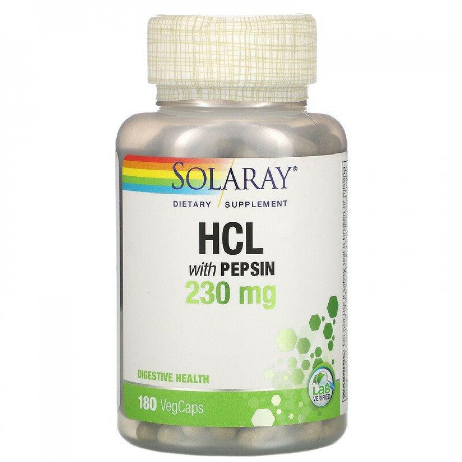 Гидрохлорид с пепсином "HCL with Pepsin", Solaray, 250 мг, 180 капсул