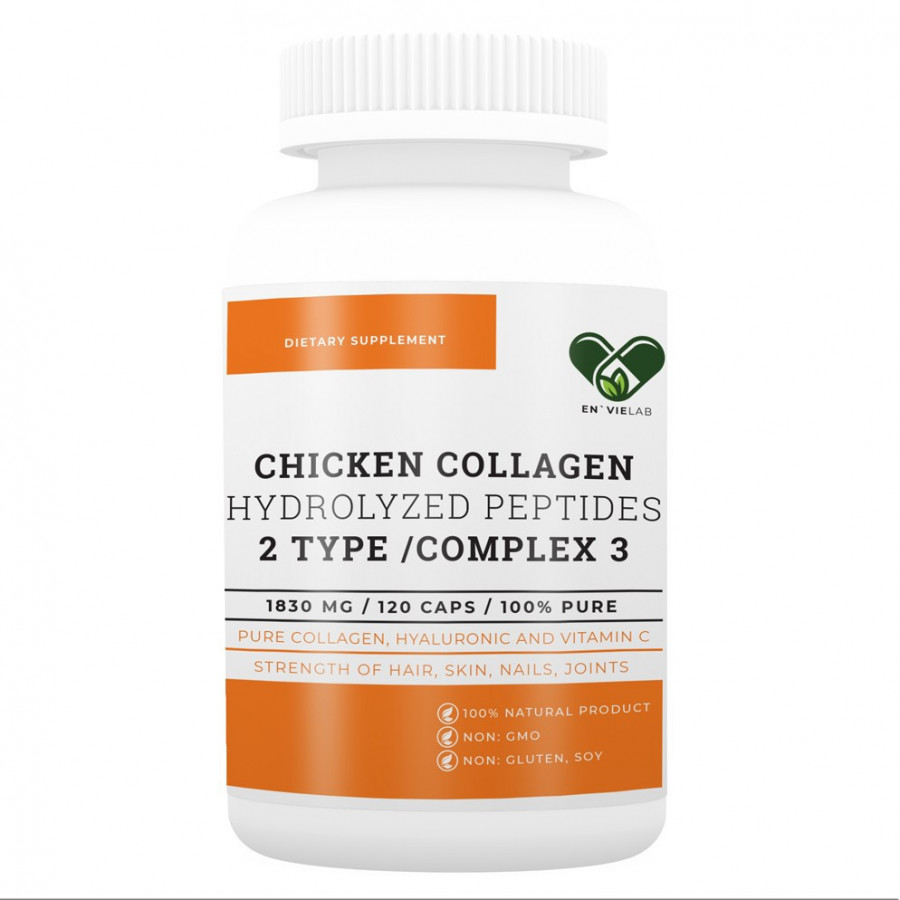 Коллаген 2 типа с гиалуроновой кислотой и витамином С для сустав и связок, En`vie Lab, 1830 мг, 120 капсул