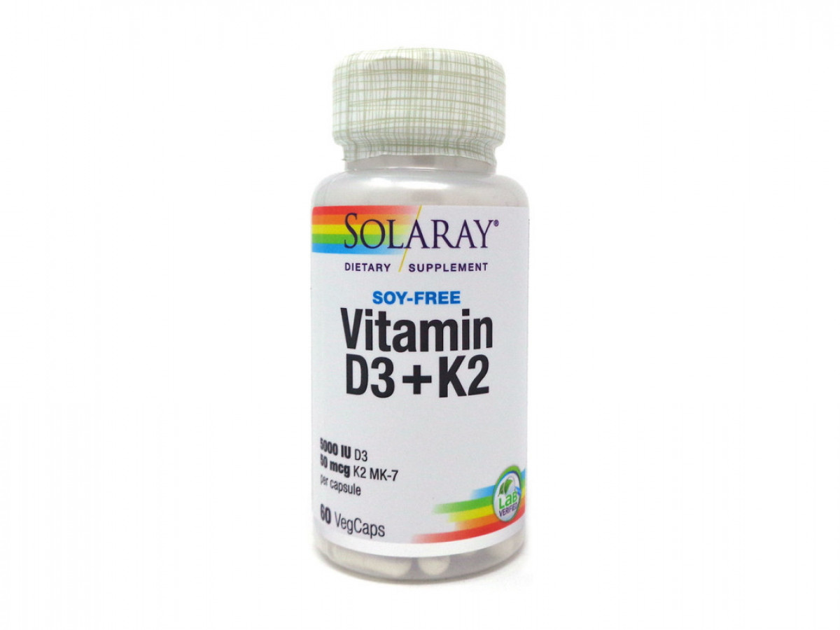 Витамины D3 5000 МЕ и К2 50 мкг, Vitamin D3+K2, Solaray, без сои, 60 капсул