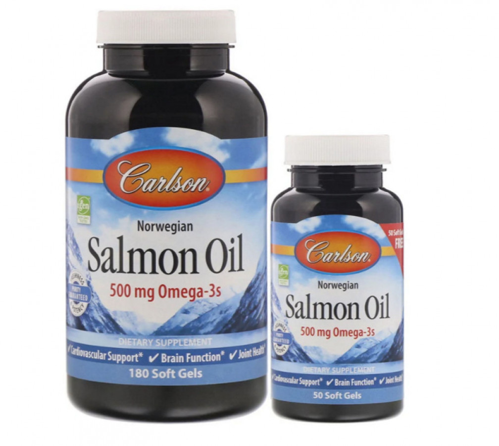 Масло норвежского лосося "Salmon Oil Omega-3s" Carlson Labs, 500 мг, 180+50 капсул