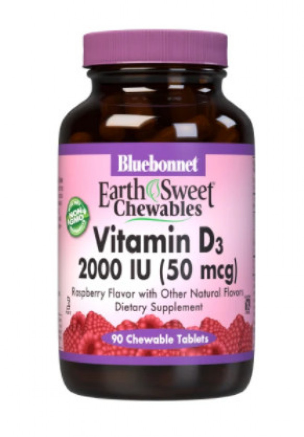 Витамин D3 "Vitamin D3" Bluebonnet Nutrition, 2000 МЕ, малина, 90 жевательных таблеток