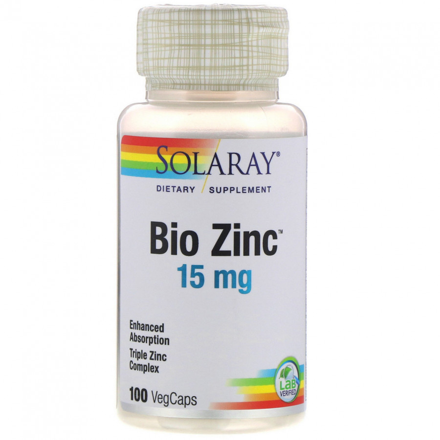 Bio Zinc, 15 мг, хелат цинка с витамином В6, Solaray, 100 капсул