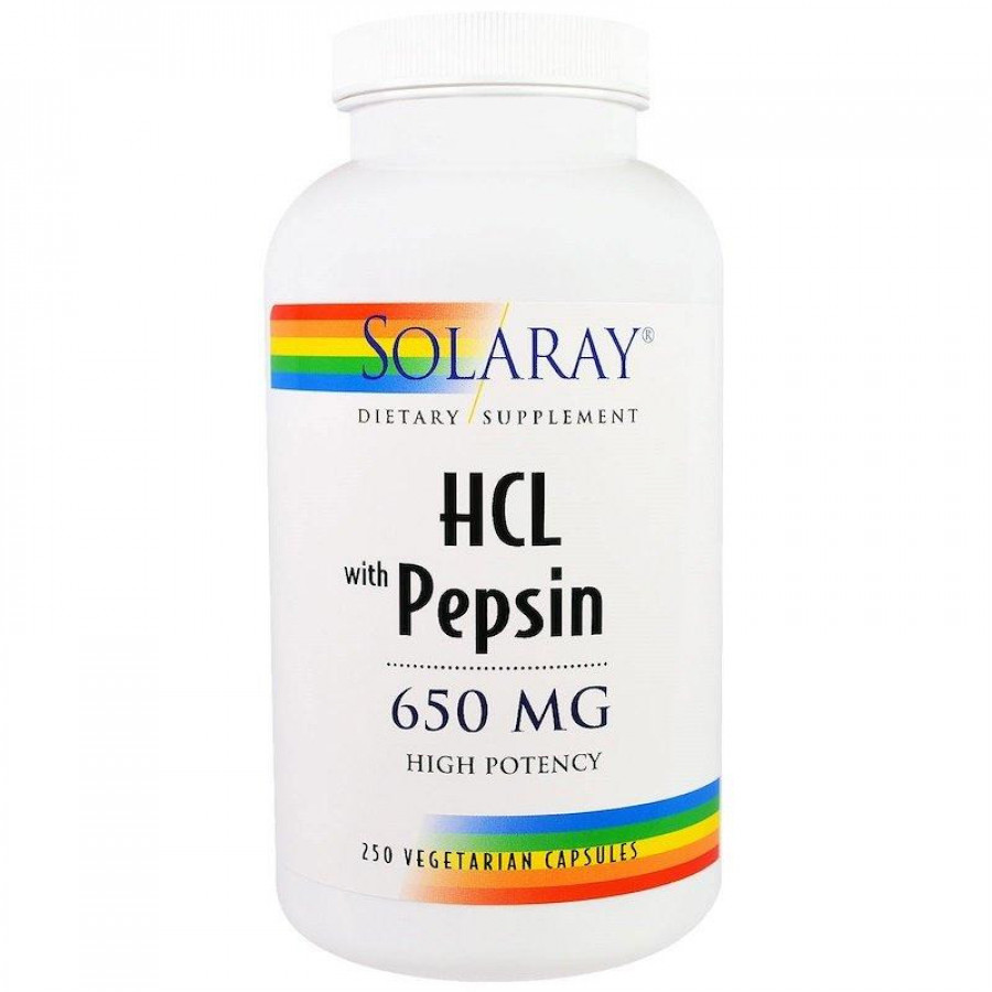 Бетаин с пепсином "HCL with Pepsin" 650 мг, Solaray, 250 капсул