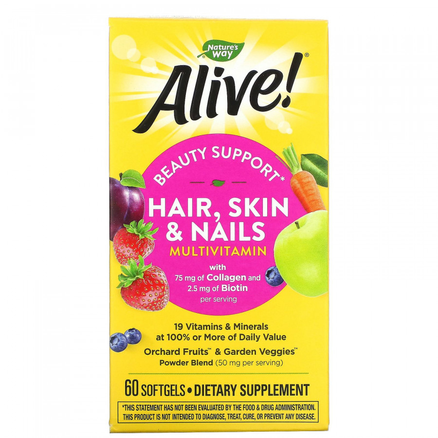 Alive, Мультивитамины для волос, кожи и ногтей, со вкусом клубники, Nature's Way, 60 капсул