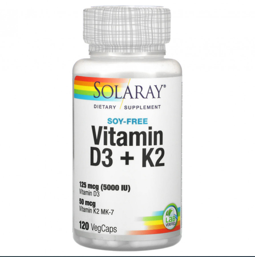 Витамины D3 5000 МЕ и К2 50 мкг, Vitamin D3+K2, Solaray, без сои, 120 капсул