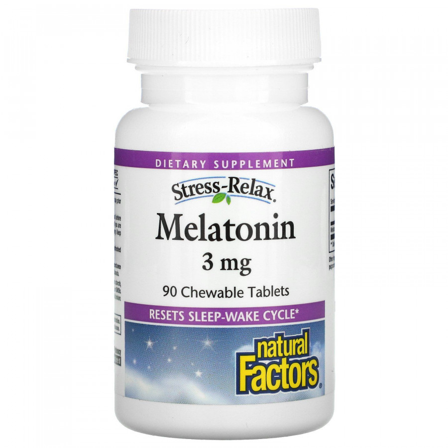 Стресс-релакс, мелатонин, Natural Factors, 3 мг, 90 жевательных таблеток