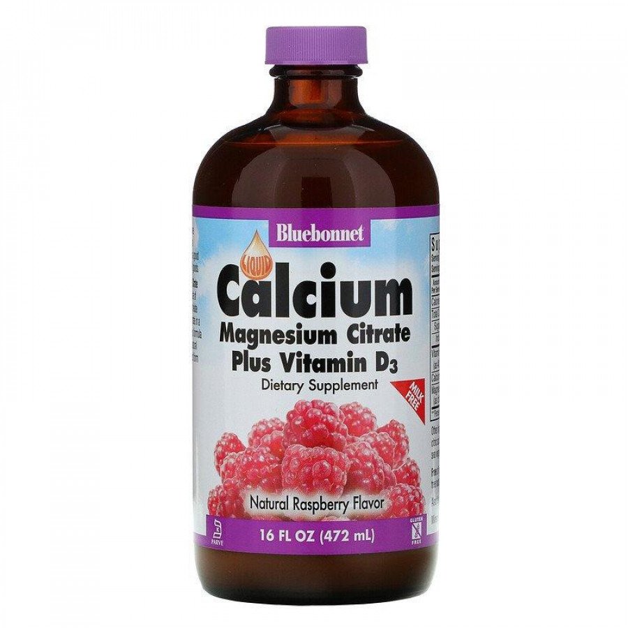 Жидкий кальций, магний цитрат с витамином D3, Bluebonnet Nutrition, малина, 472 мл